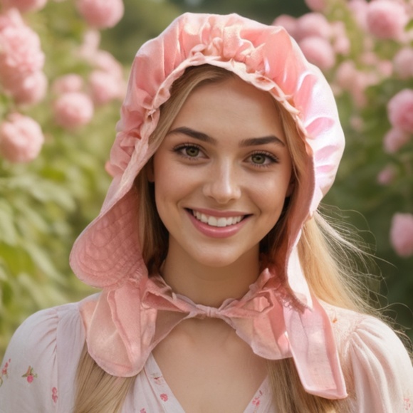 70s LINEN PINK SUN BONNET W LONG BRIM & RUFFLED BACK & TIE CHIN COTTAGECORE - Picture 1 of 5